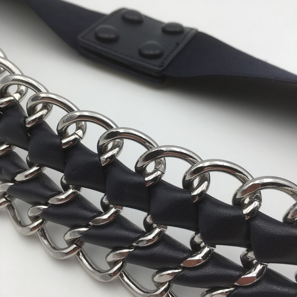 Navy Leather and Silver Chain Braided Elastic Belt